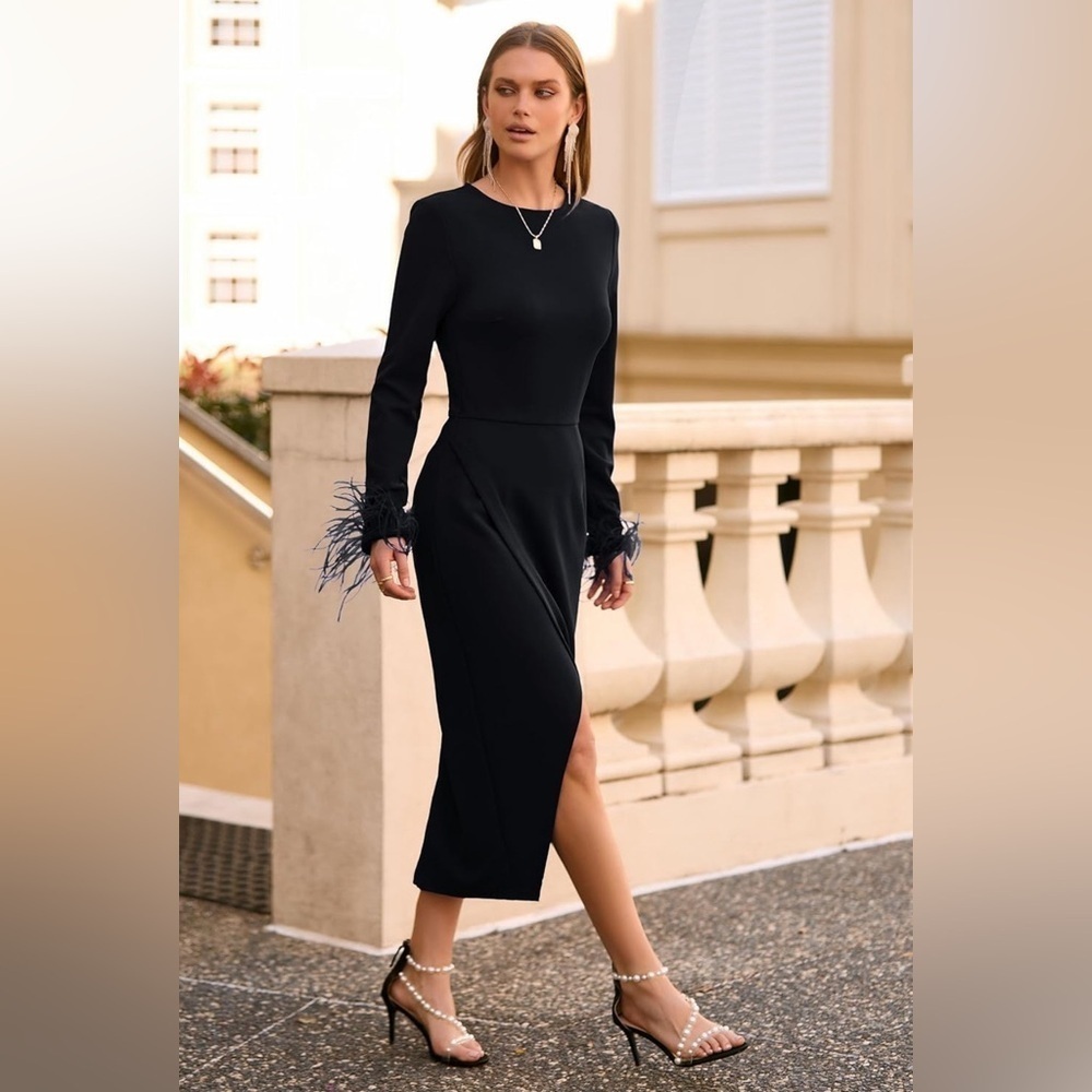 NWT- PRETTYGARDEN Feather Long Sleeve Formal Bodycon- Wrap Slit Cocktail Dress - Picture 8 of 16